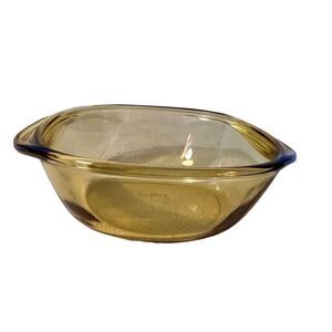 2 VTG MCM Amber Yellow Mexico Glass Casserole Dish Ovenware Baking Bowls #21 &16